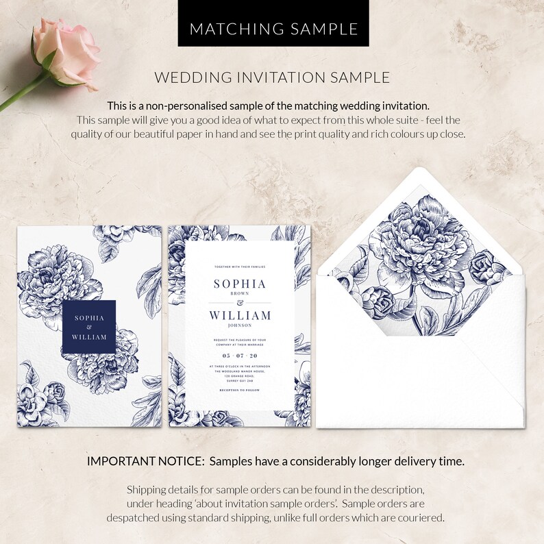 K&ouml;nnte beinhalten: Ein Beispiel f&uuml;r eine Hochzeitseinladungssuite mit einem blauen und wei&szlig;en Blumendesign. Die Einladung zeigt die Namen "Sophia" und "William" mit dem Datum "03-07-20".