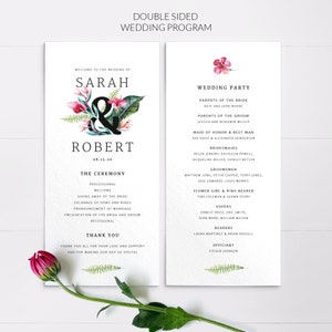 May include: A double-sided wedding program with a tropical theme. The front features the couple's names, "Sarah & Robert", with a floral design and the date "08.15.20". The back lists the wedding party, including the parents of the bride and groom, maid of honor, best man, bridesmaids, groomsmen, flower girl, ring bearer, ushers, readers, and officiant.