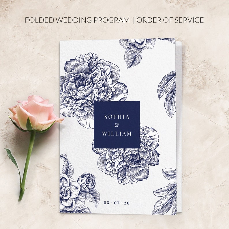 Navy wedding programs folded Floral order of service Wedding program template folded Printed wedding programs image 1