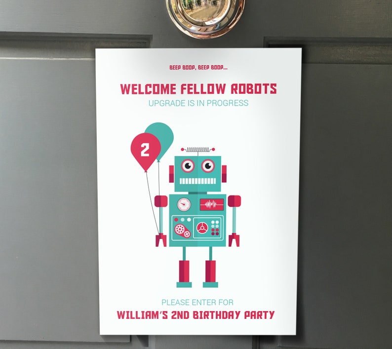 Robot Welcome Sign & Directional signs, Kids Birthday Party Decorations, Boys First birthday Party, Personalized PRINTABLE image 1