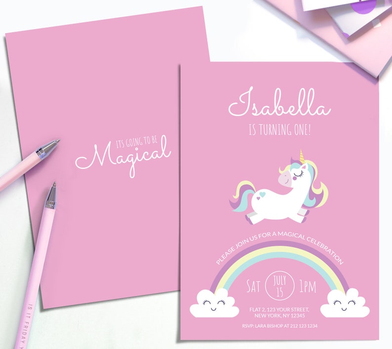 Unicorn Birthday Invitations Unicorn Invitation Kids Pink Unicorn Party Invitations Personalized PRINTABLE Digital Invite image 1