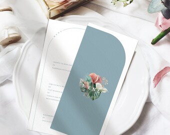 Tarjetas de menú de boda florales - Menús de boda azul polvoriento - Menú de cena de boda - Menús impresos personalizados