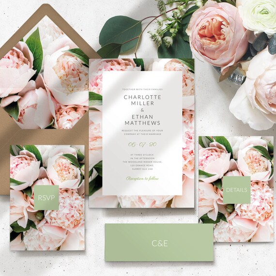 Rustic Floral Wedding Invitation Set, Pink Floral Wedding Invitation, Boho Wedding Invitations - PRINTED on luxury paper Il_570xn