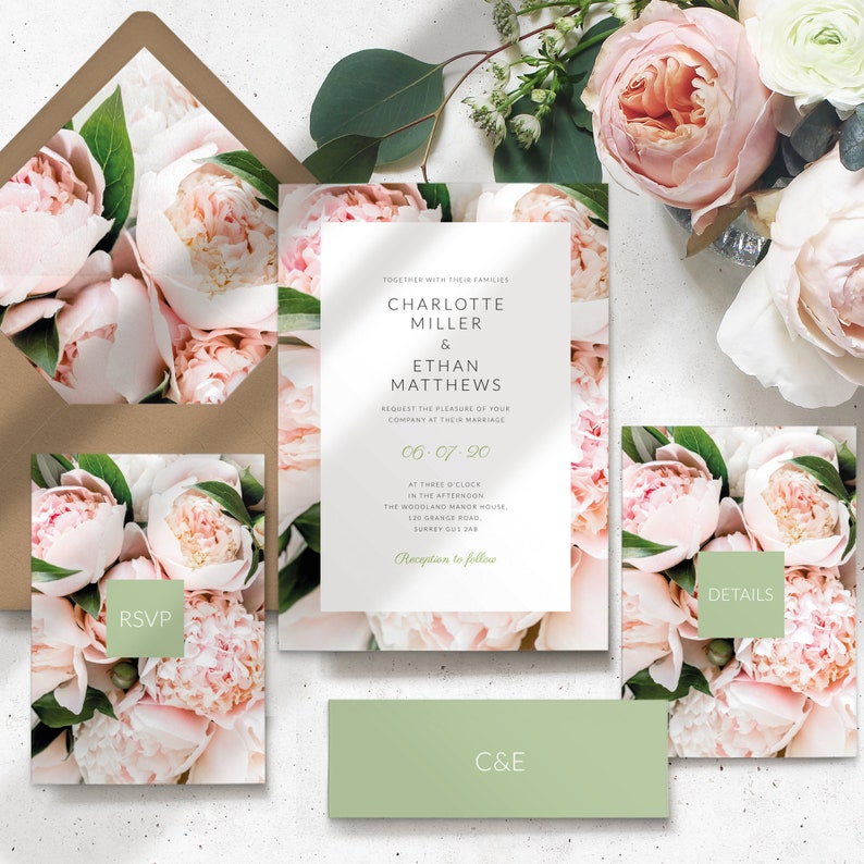 Rustic Floral Wedding Invitation Set, Pink Floral Wedding Invitation, Boho Wedding Invitations PRINTED on luxury paper image 1