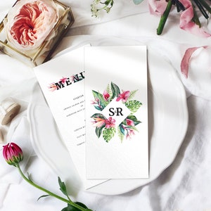 Tropisches Hochzeitsmenü - Florale Hochzeitsmenükarten - Menü Mariage - Strandhochzeit - Hochzeit am Ziel - Personalisierte gedruckte Menüs