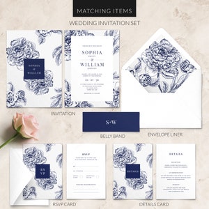 Navy blue wedding invitation SAMPLE Floral Wedding Invitation Wedding Invite PRINTED non-personalised sample image 4
