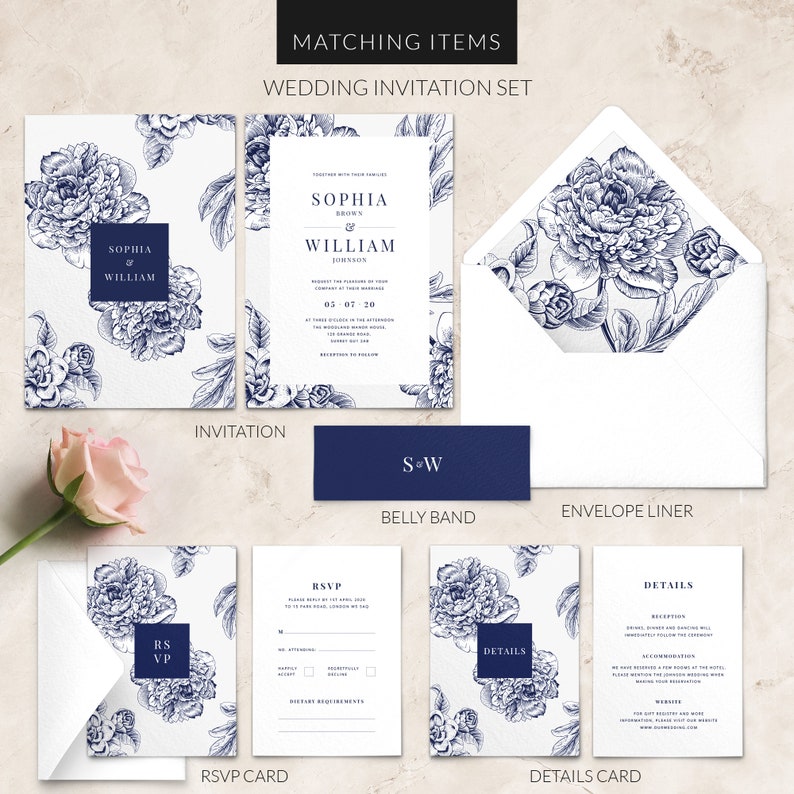 Navy blue wedding invitation SAMPLE Floral Wedding Invitation Wedding Invite PRINTED non-personalised sample image 4