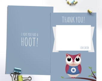 Woodland Owl Thank You Cards Personalized PRINTABLE, Boys Birthday Party decorations, kids Thank You Cards, Party Thank You Note