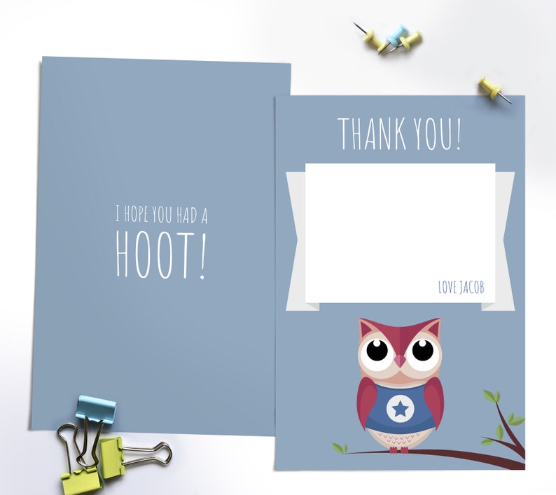 Woodland Owl Merci cartes personnalisées imprimables, décorations de fête danniversaire de garçons, cartes de remerciement pour enfants, note de remerciement de fête image 1