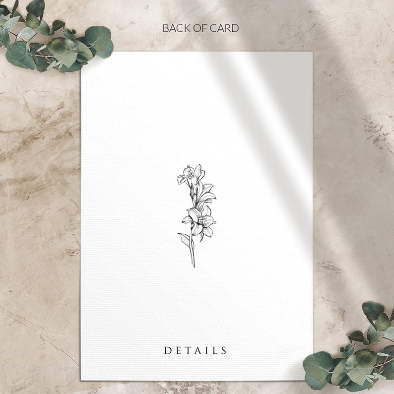 May include: A white card with a black line drawing of a flower and the word "DETAILS" printed at the bottom. The back of the card is shown.