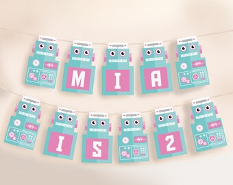 Girl Robot Bunting, Birthday Girl Banner, First Birthday Banner, Cute Robot Happy Birthday Banner, INSTANT DOWNLOAD Printable