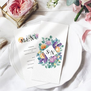 Menu weselne, kwiatowe menu weselne, rustykalny wystrój weselny boho chic, spersonalizowane drukowane menu