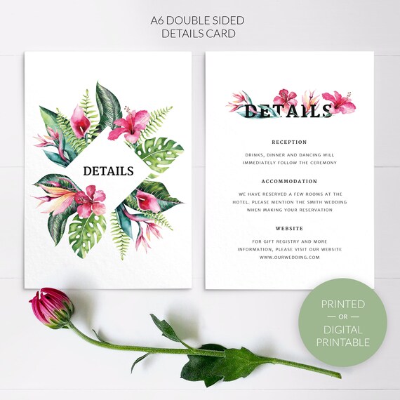 Tropical Wedding Details Card Destination Wedding Info Card