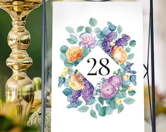 Wedding Table Numbers Template With Flowers - Table Numbers Floral - Floral Table Numbers - No. 1-40, Printable PDF Digital Download.