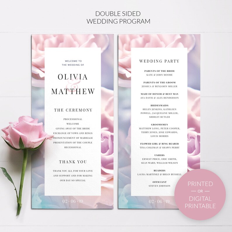 Wedding programs PRINTED or PRINTABLE template Blush floral wedding ceremony program Catholic order of service