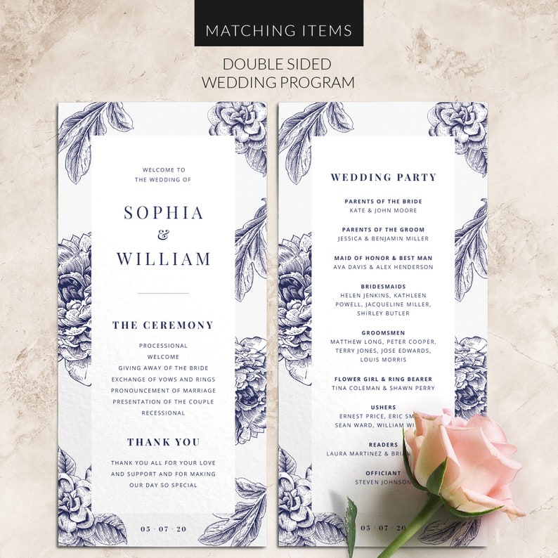 Navy wedding programs folded Floral order of service Wedding program template folded Printed wedding programs image 8