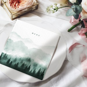 Hochzeitsmenü - Bergwald Hochzeitsmenü - Aquarell Gefaltetes Hochzeitsmenü - Gedruckte Menüs