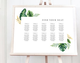 Tropical wedding seating chart template printable, Destination wedding seating chart sign, Beach wedding sign, PRINTABLE digital PDF