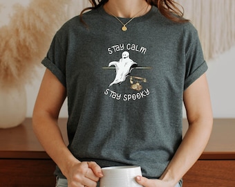Stay Calm Stay Spooky Vintage Ghost and Rotary Phone Halloween 911 Dispatcher Shirt Unisex Softstyle T-Shirt
