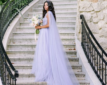 Sleeveless corset bridal dress / One shoulder cape wedding dress / Tulle full bridal gown  / Lavender wedding gown / Evening corset dress