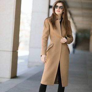 Wool camel coat / Warm fitted coat/ autumn tapered coat / collarless wool coat / tapered wool coat // JENNIFER