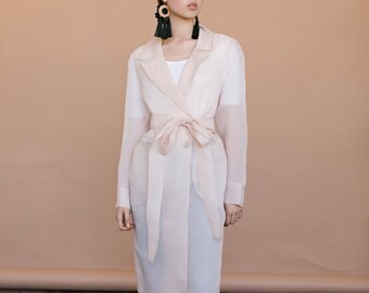 Organza sheer coat/ Spring silk coat / Long summer coat / Belted transparent overcoat