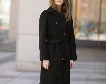 Black wool raglan coat / Fall wool trench coat / Warm winter overcoat / Lined wool belted coat