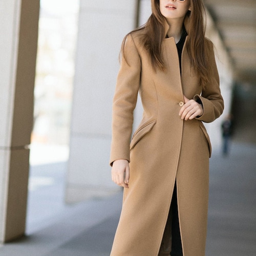 Womens Slim Fit OL Style Blazer Lapel Mid Length Woolen Overcoat Camel