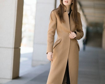 Wool camel coat / Warm fitted coat/ autumn tapered coat / collarless wool coat / tapered wool coat // JENNIFER