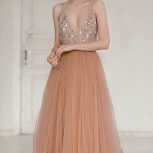 Copper tulle wedding dress / Hand embroidered wedding gown / Open back wedding dress / Colourful bridal gown