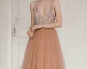 Copper tulle wedding dress / Hand embroidered wedding gown / Open back wedding dress / Colourful bridal gown / Non-traditional wedding dress