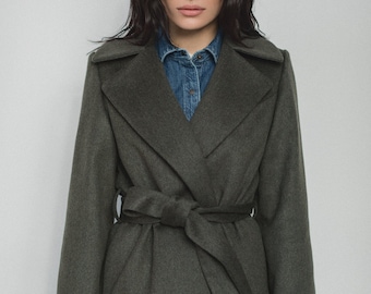 Green wrap wool coat / Autumn soft wool coat / Warm wrap overcoat