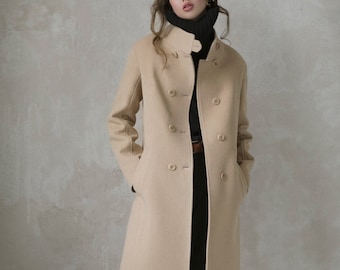 Camel wool coat with stand collar/Beige soft wool coat/ Autumn wool coat/ Warm beige overcoat // ESTHER