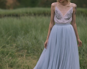 Tulle wedding dress / Embroidered wedding gown/ blue and gray bohemian bridal dress/Pale blue bridal gown / V-neck wedding separate// SINTRA