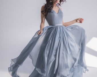 Dark blue bridal gown / Silk blue and gray boning wedding gown / Chiffon wedding gown / Modern wedding dress