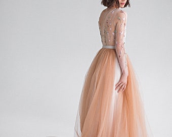 Embroidered Wedding Gown: Long Sleeve Bridal Tulle Dress with Transparent Back