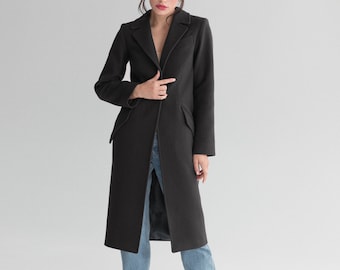 Black fitted wool coat / autumn wool coat / tapered slim waisted coat