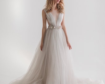 Full tulle wedding dress with silver belt / Draped wedding gown / Evening floral dress gown / Open back bridal dress // LIERNA