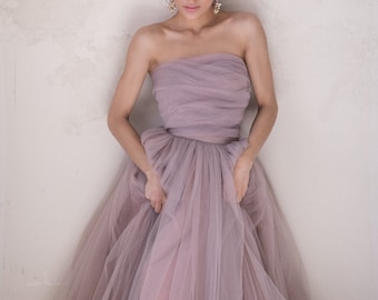 Draped purple wedding dress / Corset pale blush wedding gown / off shoulder tulle dress / Strapless evening gown