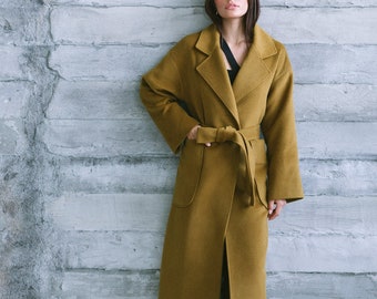 Soft wool mustard coat / Autumn wool coat / Fall wrap coat / Warm winter overcoat / Oversized wool coat