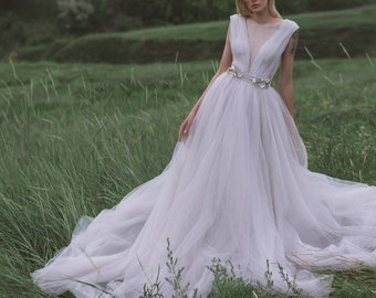 Full tulle wedding dress with silver belt / Draped wedding gown / Evening floral dress gown / Open back bridal dress // LIERNA