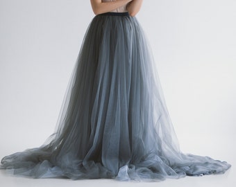 Dark Blue Tulle Bridal Skirt: Velvet Bow Sash Wedding Train skirt