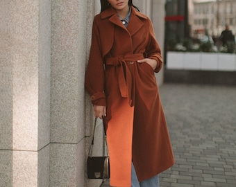 Caramel brown coat / Soft wool trench coat/ Warm double-breasted overcoat / Autumn wool coat // RACHEL