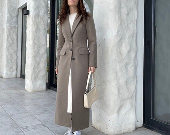 Waist fitted wool coat / autumn tapered coat / long gray coat / winter fitted coat // KATE