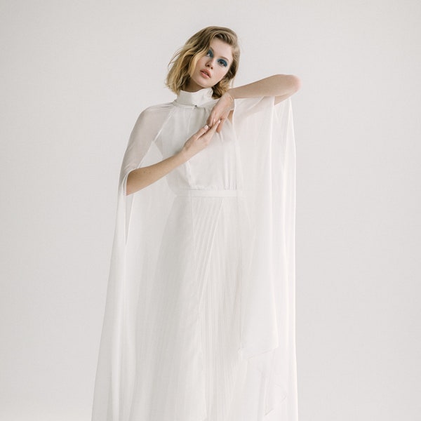 Silk chiffon bridal cape / shoulder cape veil / wide bridal cape / Transparent wedding cape / cathedral cape / Simple bridal cape /