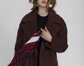 Chocolate Brown Wool Wrap Coat: Oversized Long Overcoat