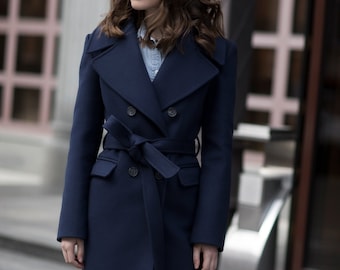 Navy blue wool coat / Autumn wool coat / Fall lined coat / Belted wool coat / Winter overcoat with notch collar / Long wool coat // ROSARIA