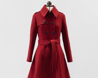 Red wool trench coat/ Double-breasted trench coat // NORA
