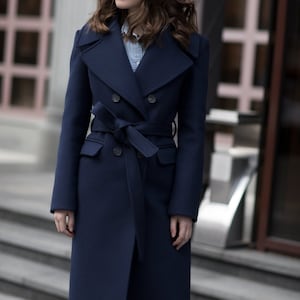 Navy blue wool coat / Autumn wool coat / Fall lined coat / Belted wool coat / Winter overcoat with notch collar / Long wool coat // ROSARIA