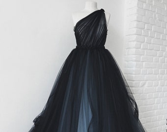 Black wedding dress / Full black ash blue bridal gown / Gothic wedding dress / Tulle ball gown / Beaded wedding dress / fantasy ball gown
